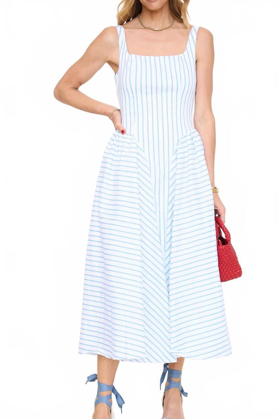 NEW KLESIS striped sleeveless gathered flared midi dress in blue